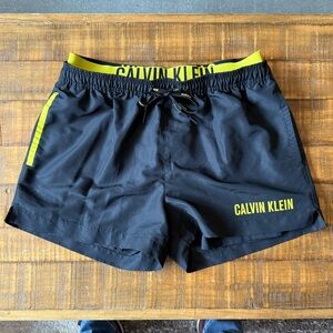 Calvin Klein Black Swim Trunks with Neon Yellow Logo Waistband